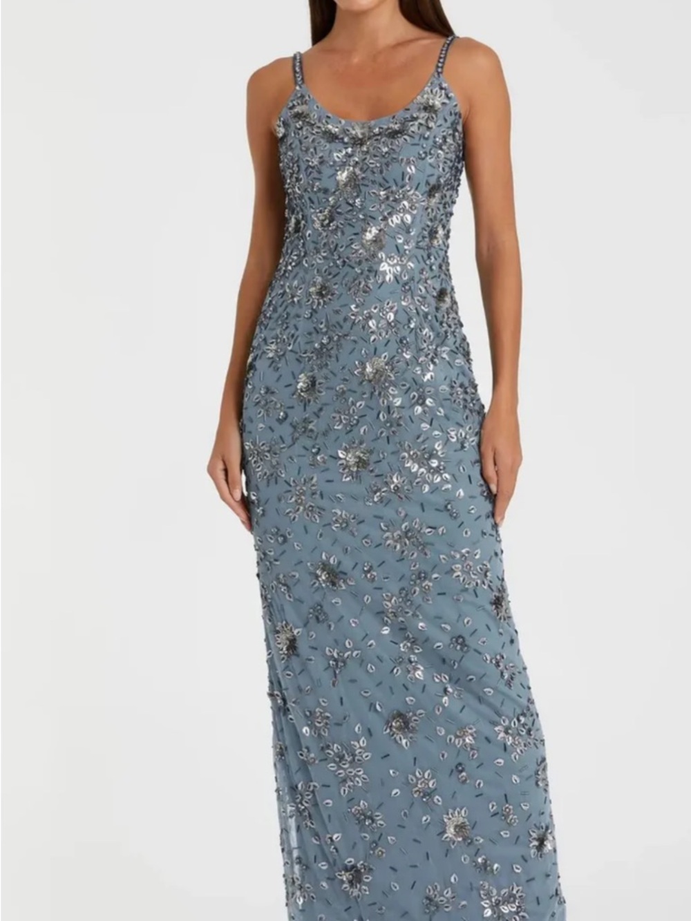 Mac Duggal Dusty Blue Beaded Floral Maxi Dress